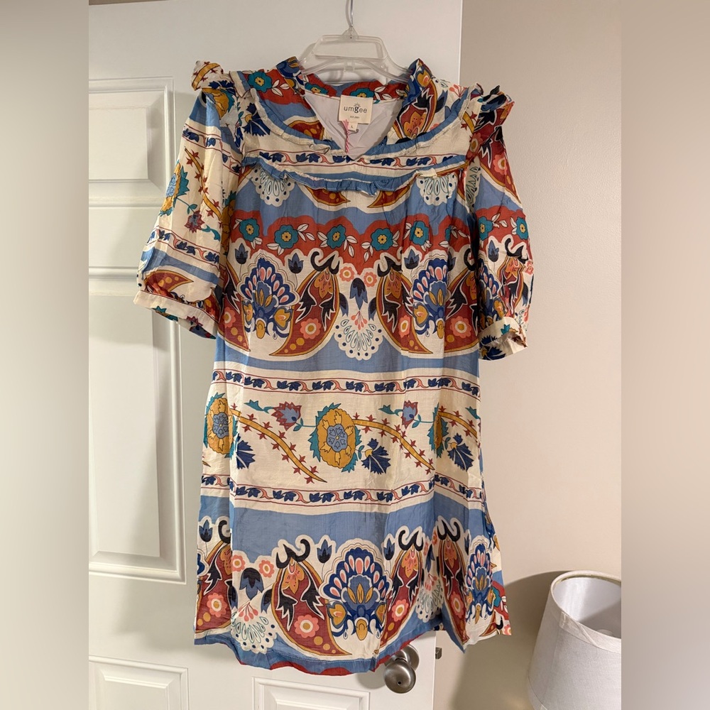 BRAND NWT Umgee Boho Floral Multicolor Dress Ruffle Accents Above Knee Size L